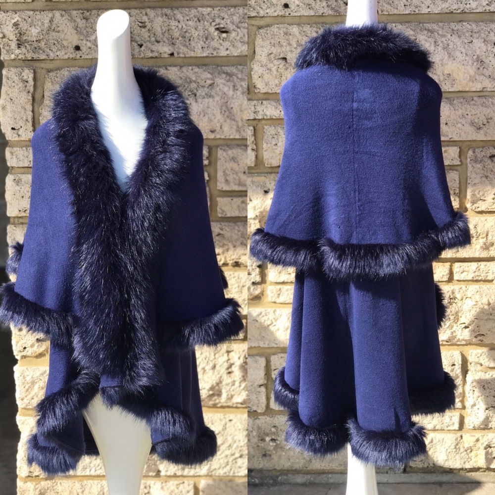 LUXURY Navy Blue double layer Faux Fur CAPE COAT